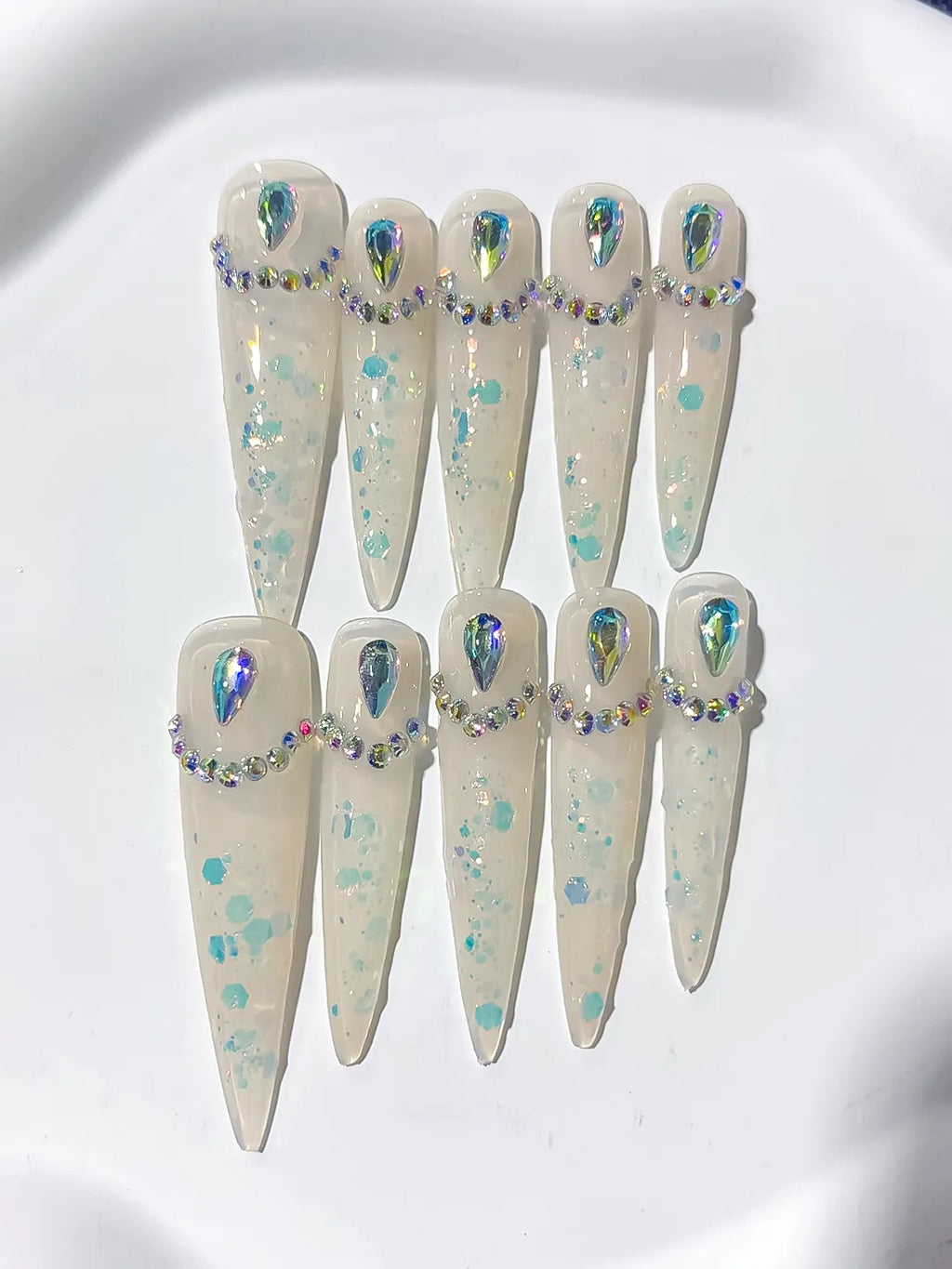 White Multicolor Silver Holographic Rhinestone press on nails detail view