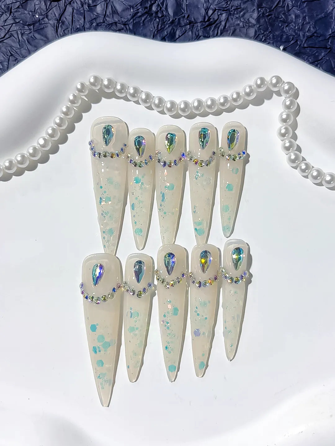 White Multicolor Silver Holographic Rhinestone press on nails detail view