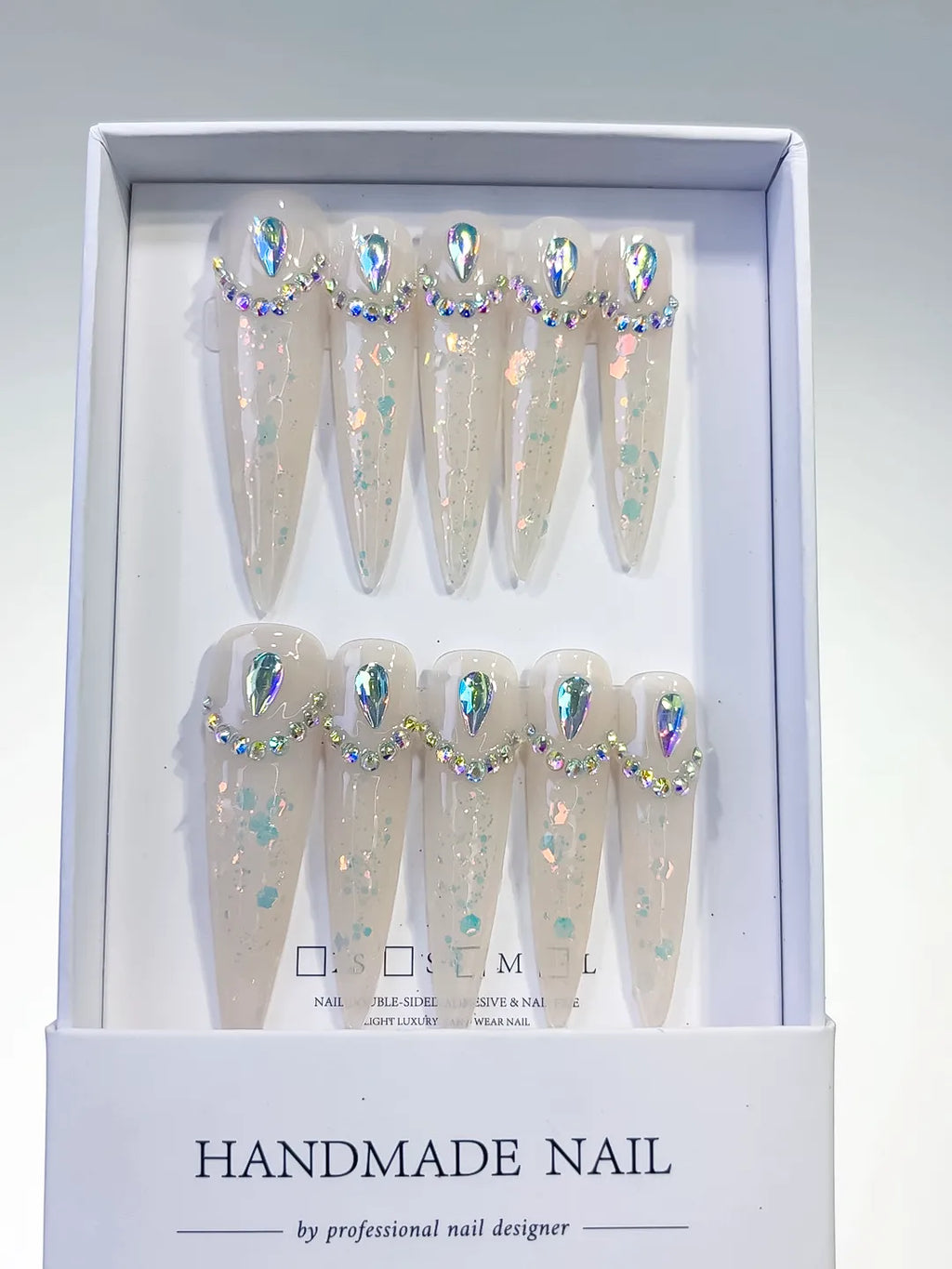 White Multicolor Silver Holographic Rhinestone press on nails full set view