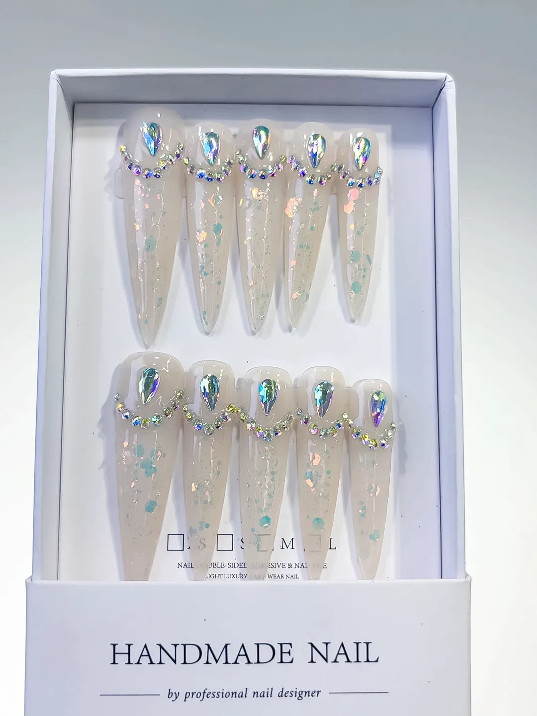 White Multicolor Silver Holographic Rhinestone press on nails full set view