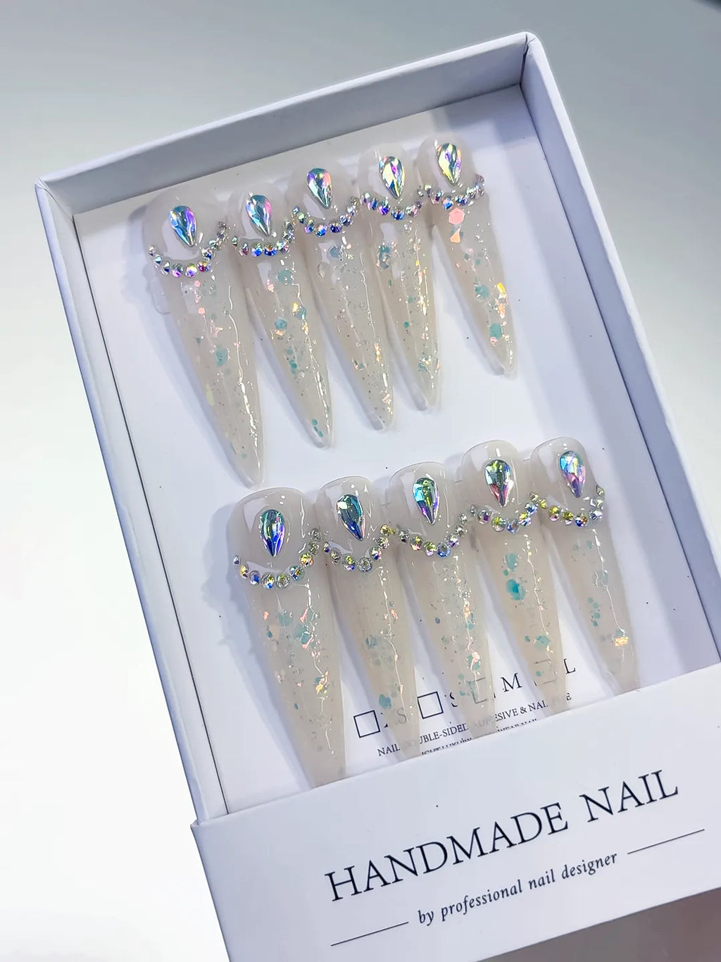White Multicolor Silver Holographic Rhinestone press on nails angled view