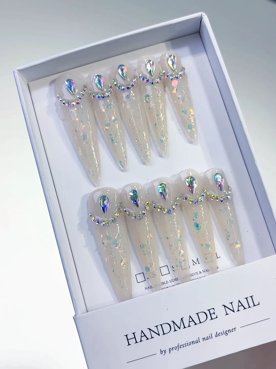 White Multicolor Silver Holographic Rhinestone press on nails angled view