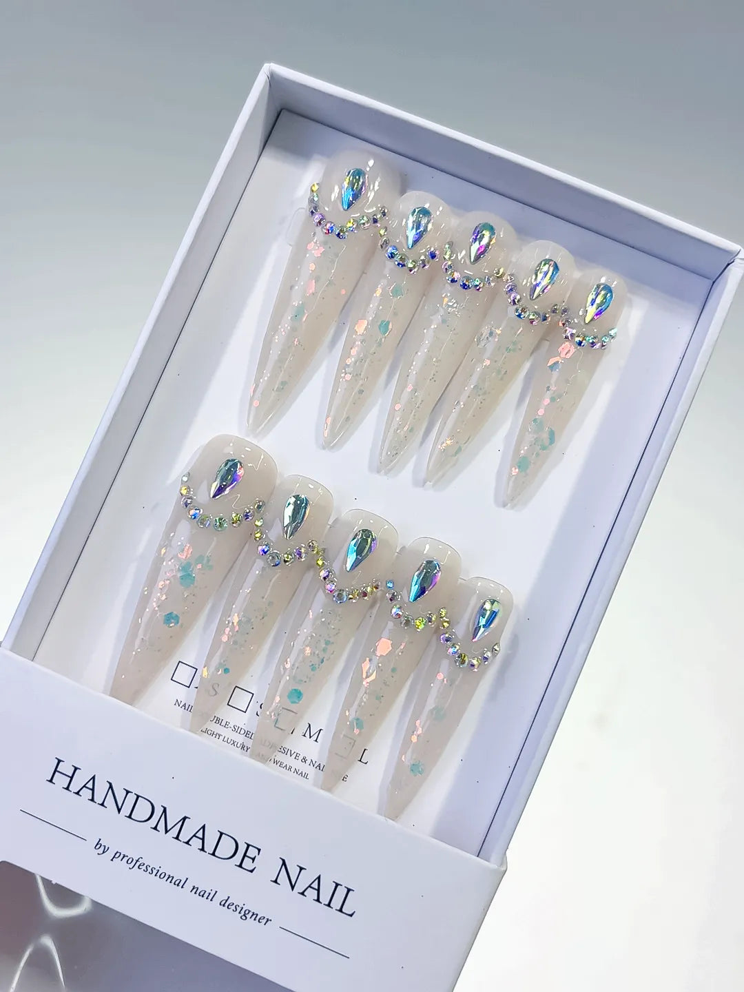 White Multicolor Silver Holographic Rhinestone press on nails
