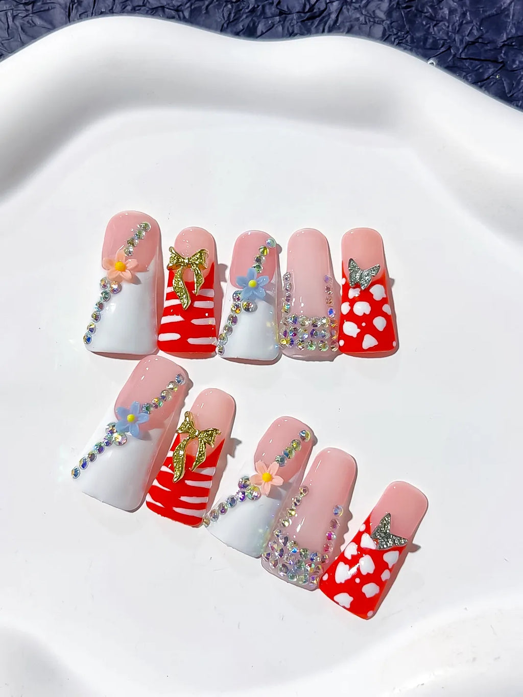 Nude White Red Pink Gold Silver Abstract Flower Butterfly Rhinestone press on nails detail view
