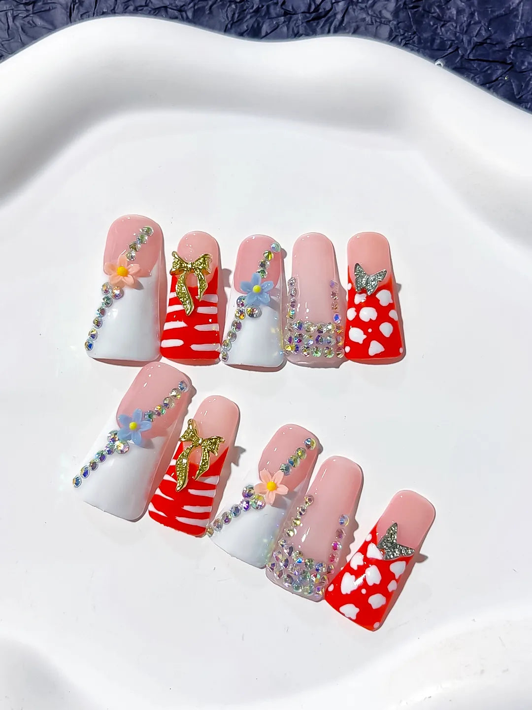Nude White Red Pink Gold Silver Abstract Flower Butterfly Rhinestone press on nails detail view
