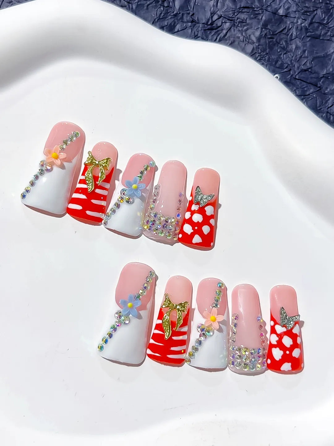 Nude White Red Pink Gold Silver Abstract Flower Butterfly Rhinestone press on nails close up