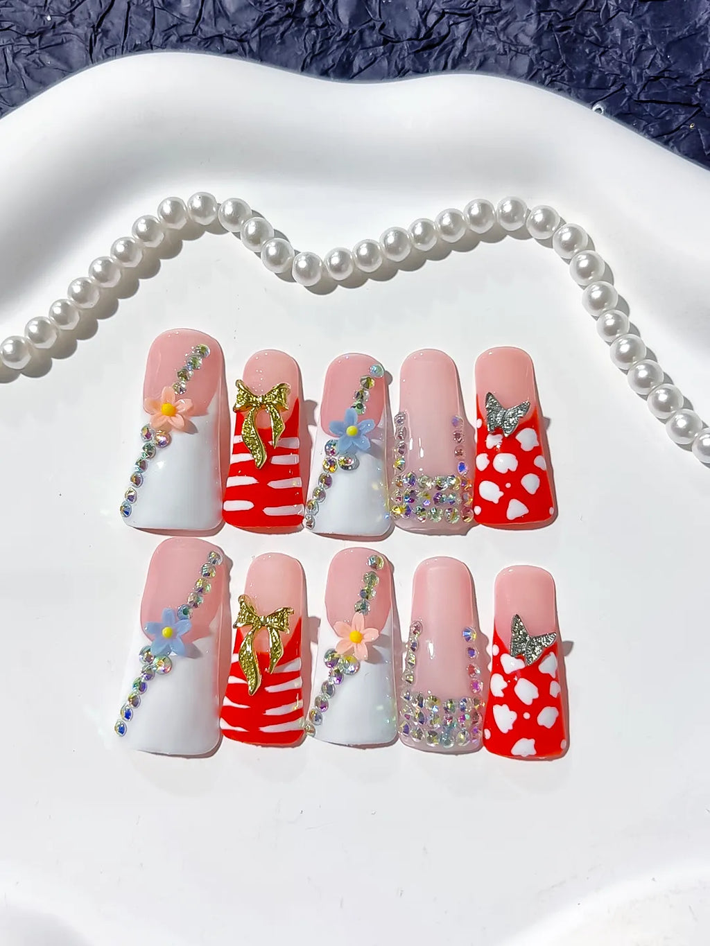 Nude White Red Pink Gold Silver Abstract Flower Butterfly Rhinestone press on nails detail view