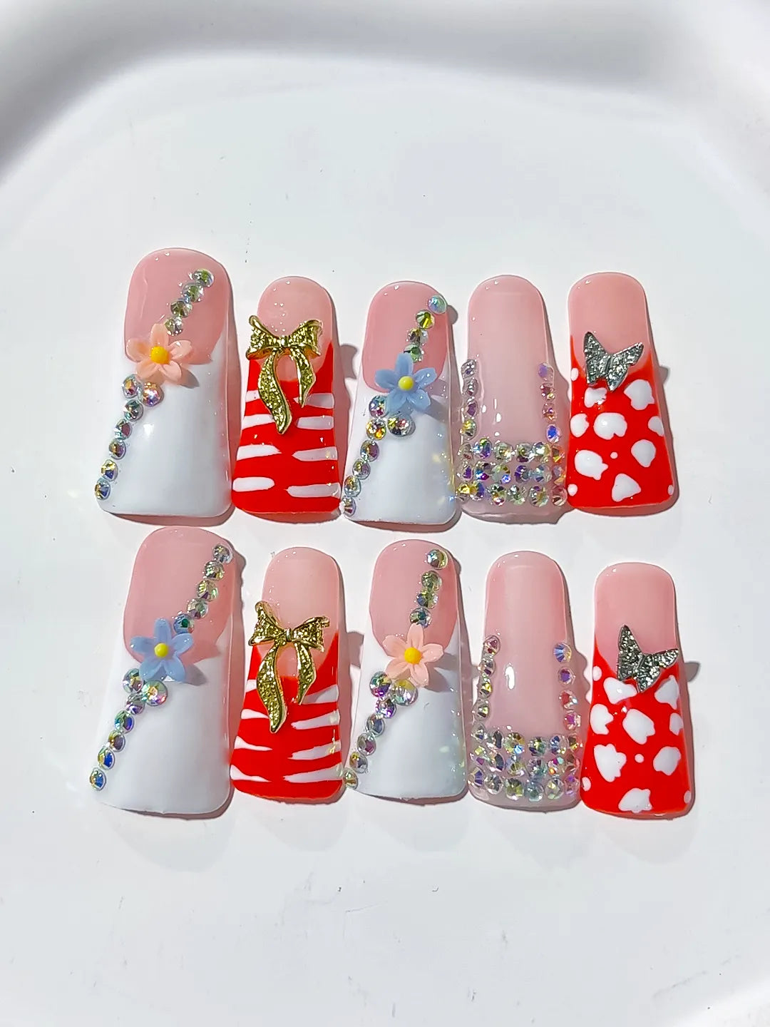 Nude White Red Pink Gold Silver Abstract Flower Butterfly Rhinestone press on nails detail view
