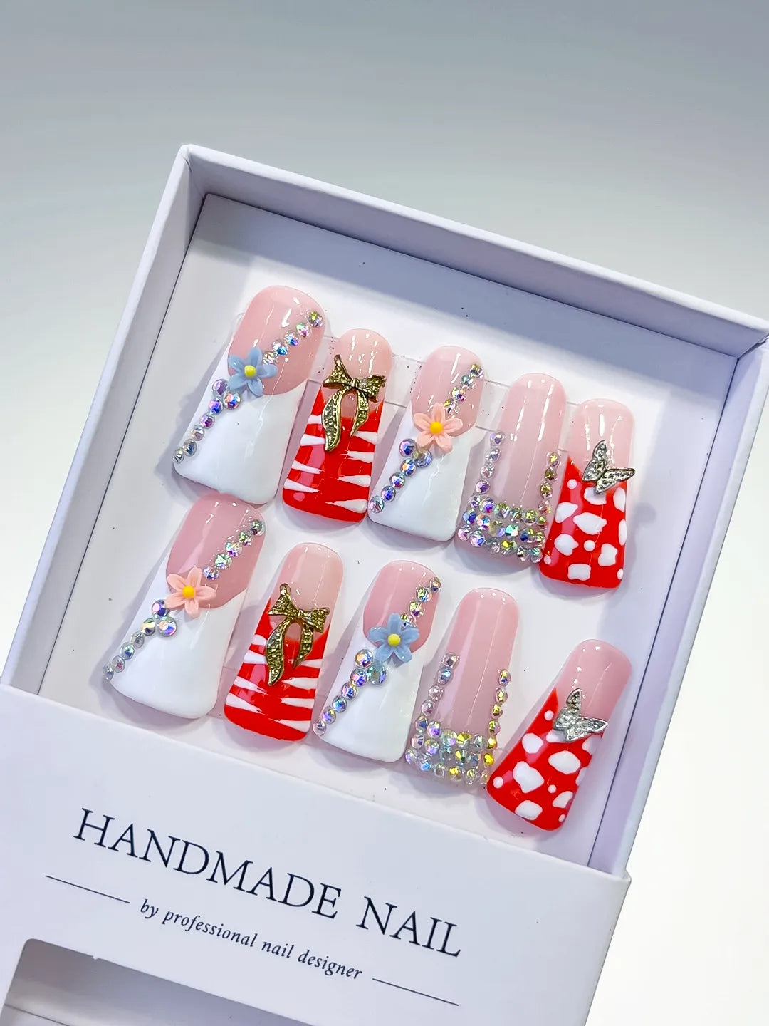 Nude White Red Pink Gold Silver Abstract Flower Butterfly Rhinestone press on nails