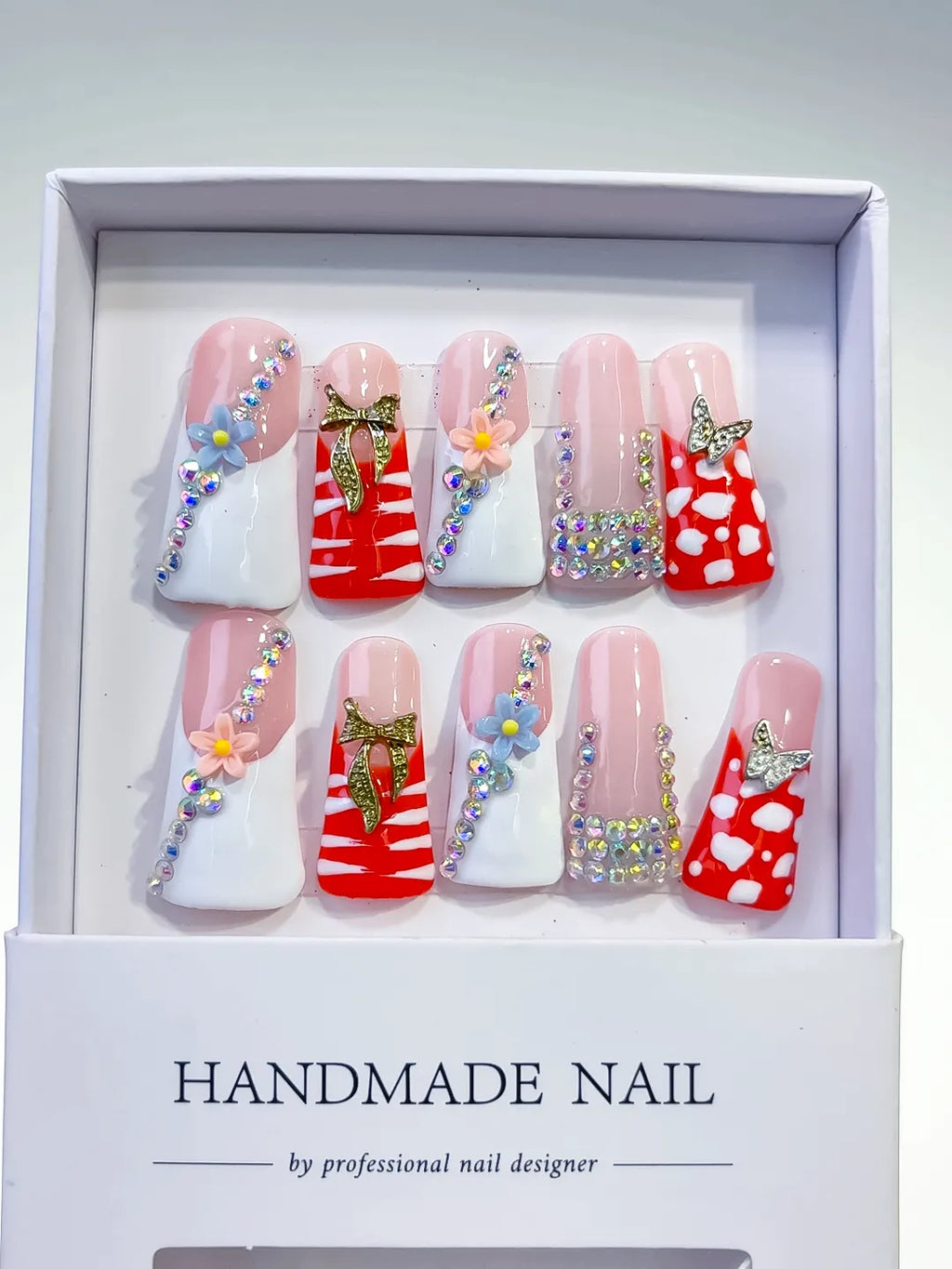 Nude White Red Pink Gold Silver Abstract Flower Butterfly Rhinestone press on nails full set view