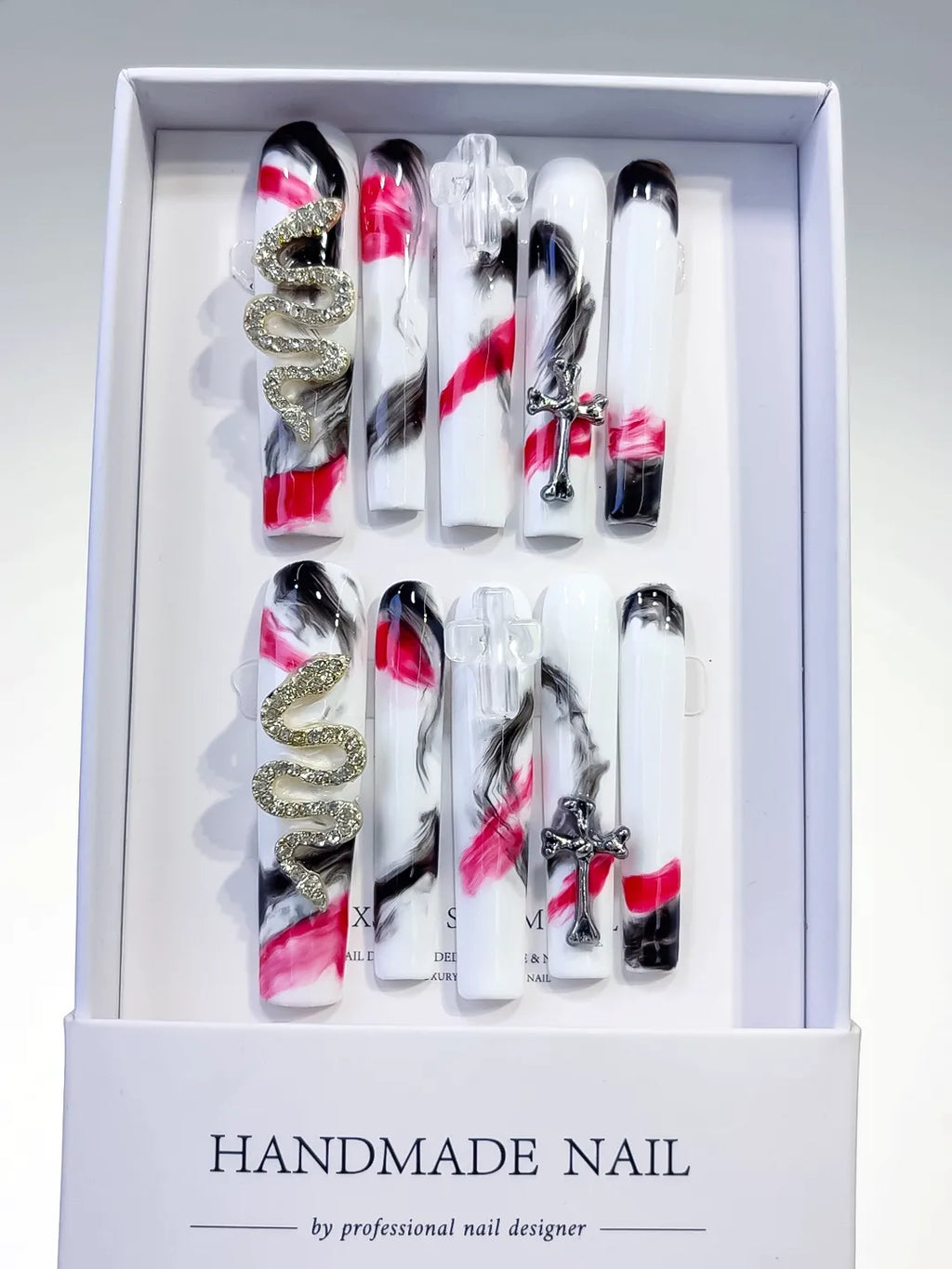 White Black Pink Silver Gold Abstract Cross Snake Metallic Charm press on nails full set view