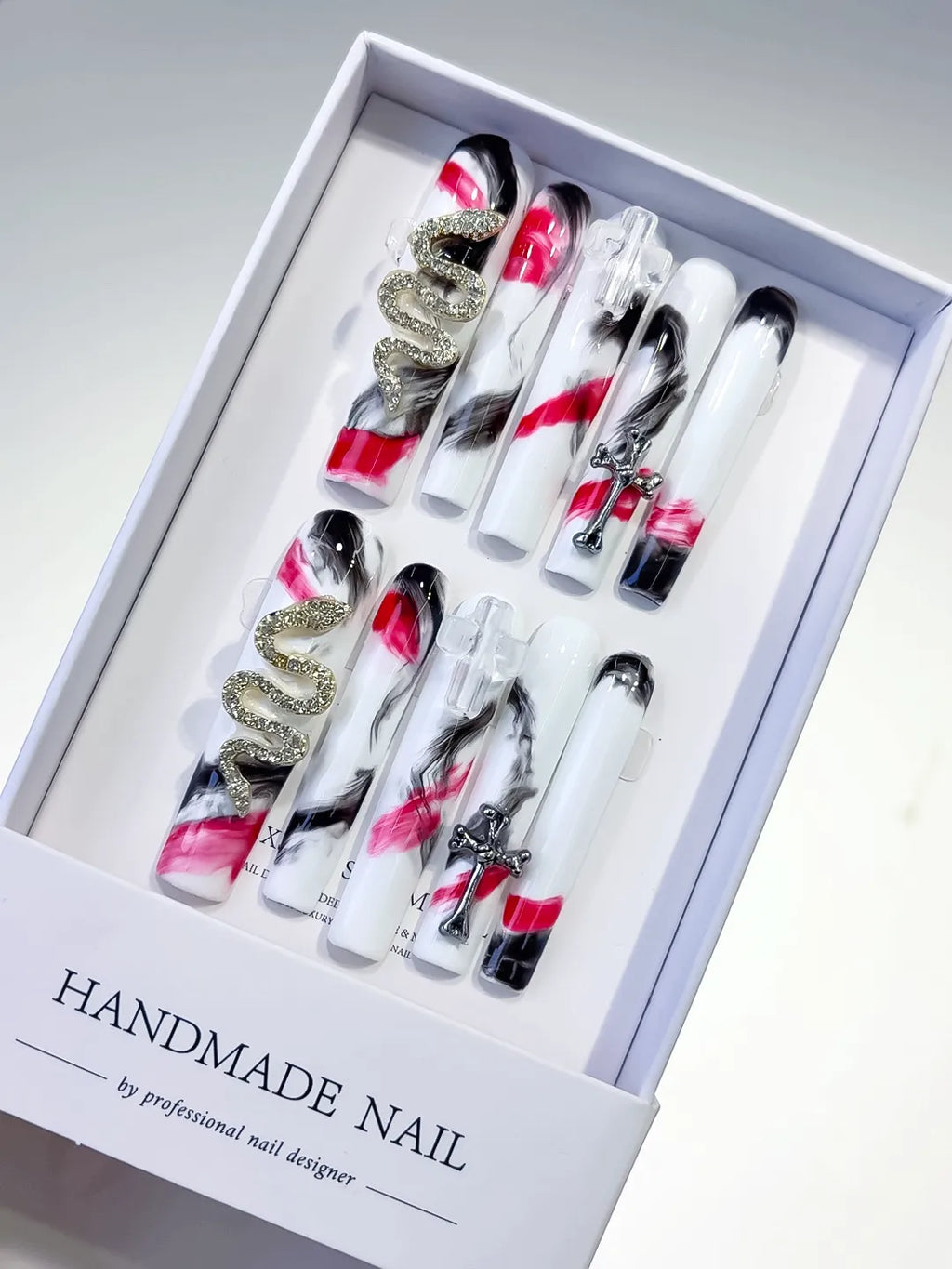 White Black Pink Silver Gold Abstract Cross Snake Metallic Charm press on nails