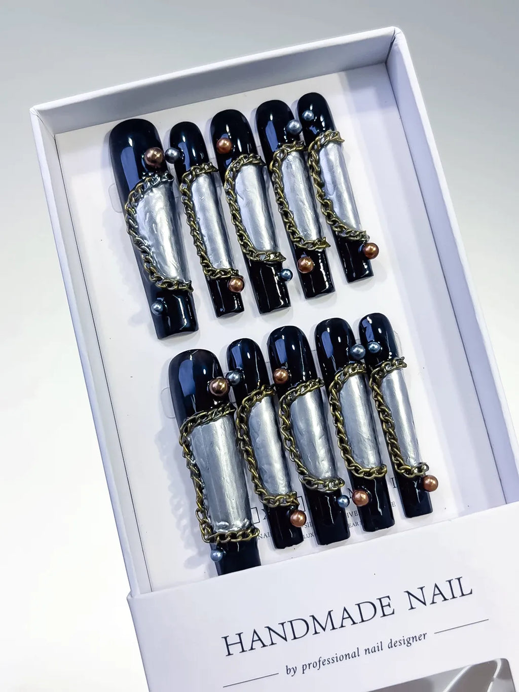 Black Silver Gold Metallic Chain Pearl press on nails angled view