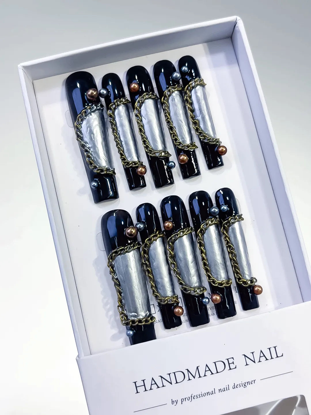 Black Silver Gold Metallic Chain Pearl press on nails angled view