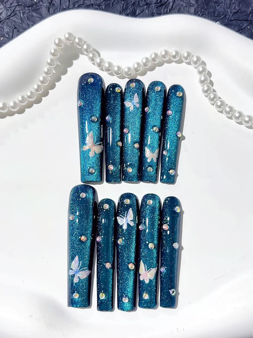 Blue Silver Metallic Butterfly Rhinestone press on nails detail view