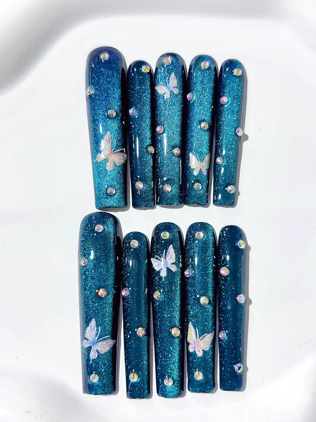 Blue Silver Metallic Butterfly Rhinestone press on nails close up