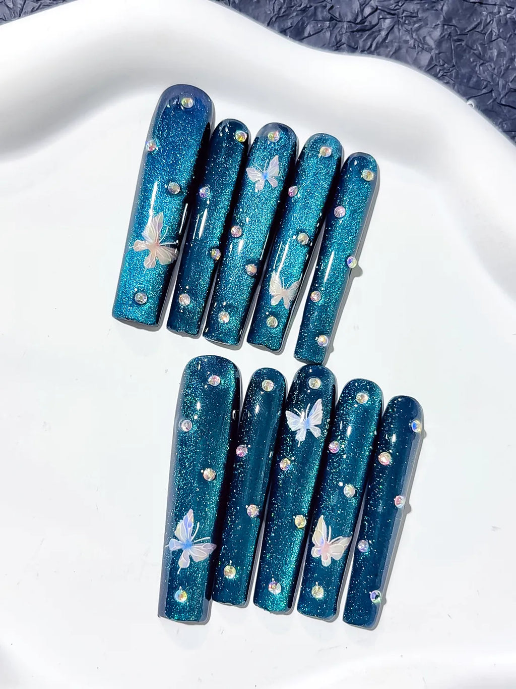 Blue Silver Metallic Butterfly Rhinestone press on nails detail view