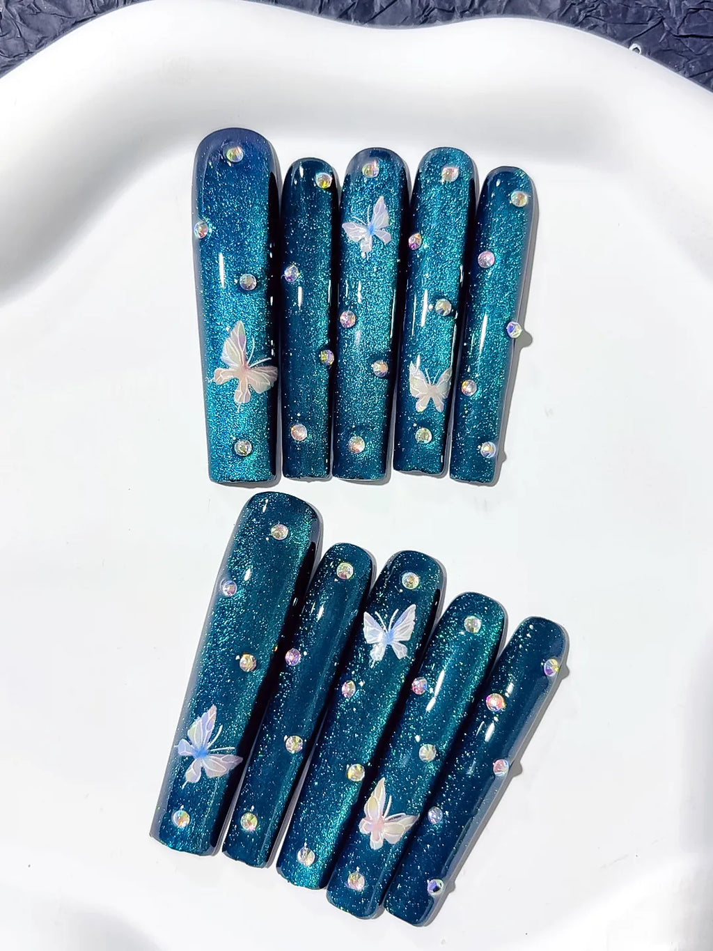 Blue Silver Metallic Butterfly Rhinestone press on nails detail view