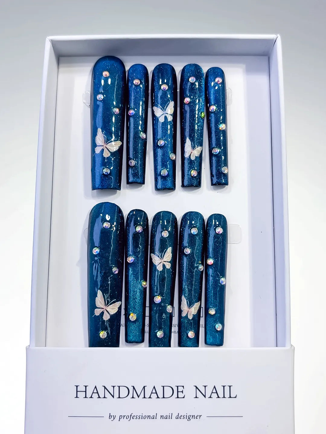 Blue Silver Metallic Butterfly Rhinestone press on nails full set view