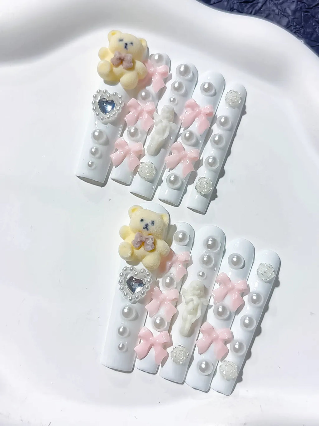 White Pink Yellow Silver Solid color Bear Bow Flower Heart Pearl 3D press on nails detail view