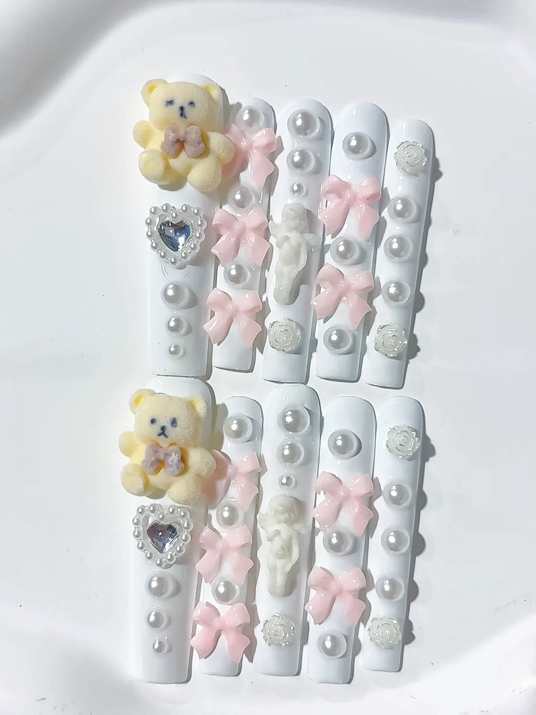 White Pink Yellow Silver Solid color Bear Bow Flower Heart Pearl 3D press on nails detail view