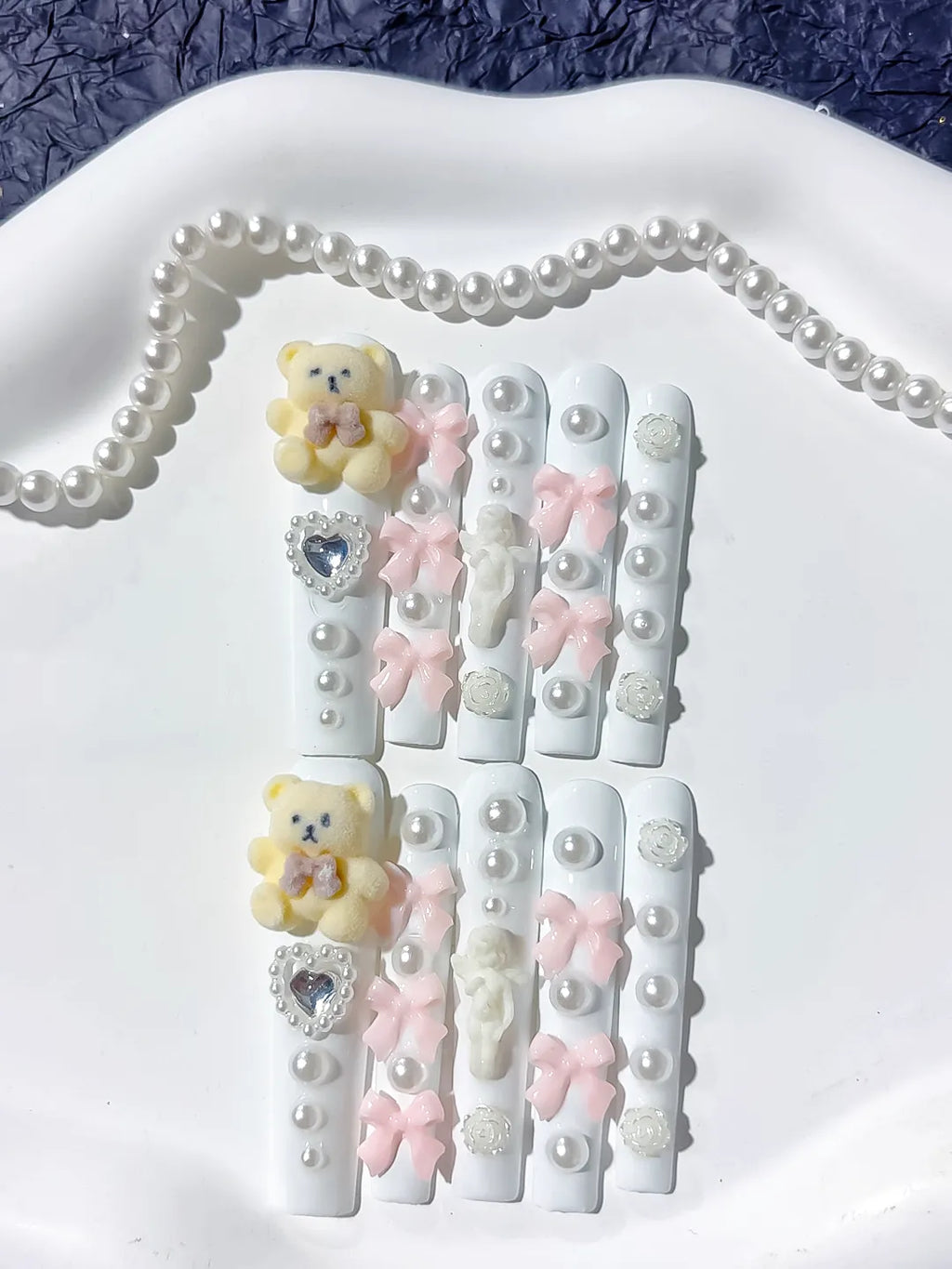 White Pink Yellow Silver Solid color Bear Bow Flower Heart Pearl 3D press on nails close up
