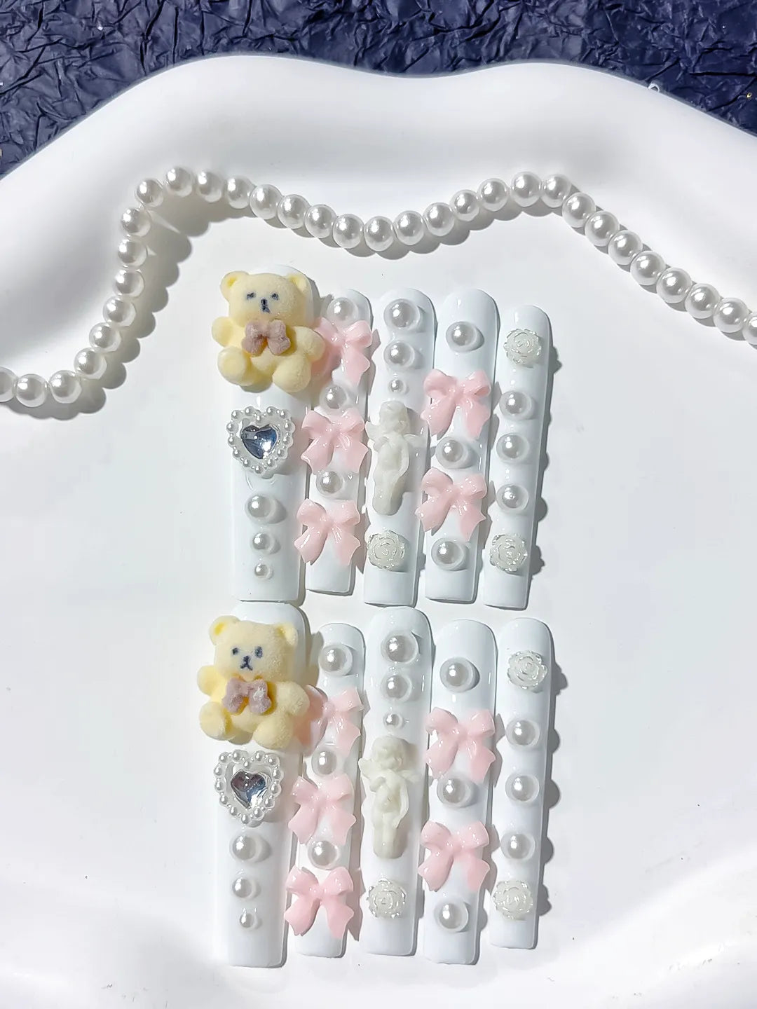White Pink Yellow Silver Solid color Bear Bow Flower Heart Pearl 3D press on nails close up