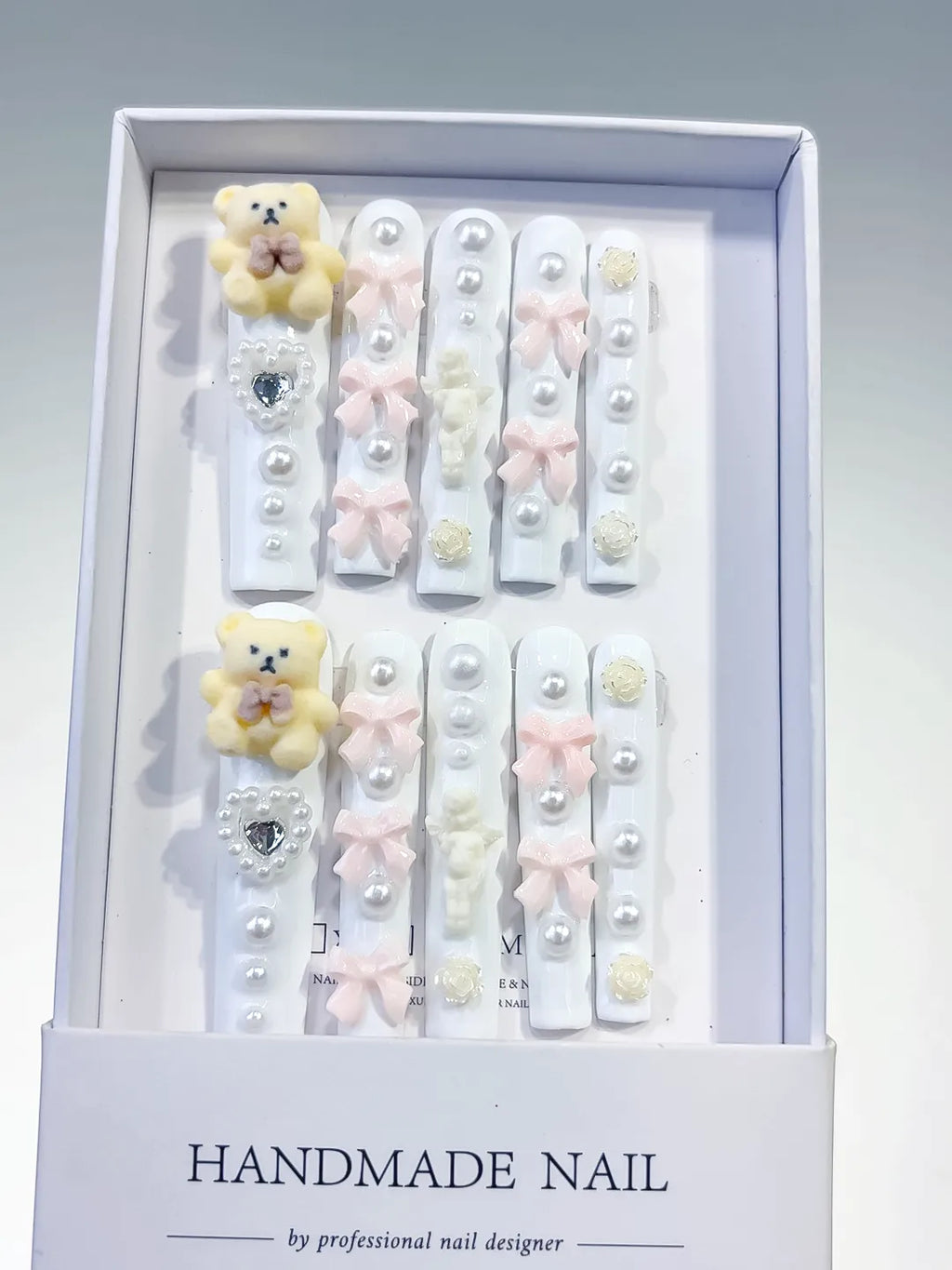 White Pink Yellow Silver Solid color Bear Bow Flower Heart Pearl 3D press on nails full set view