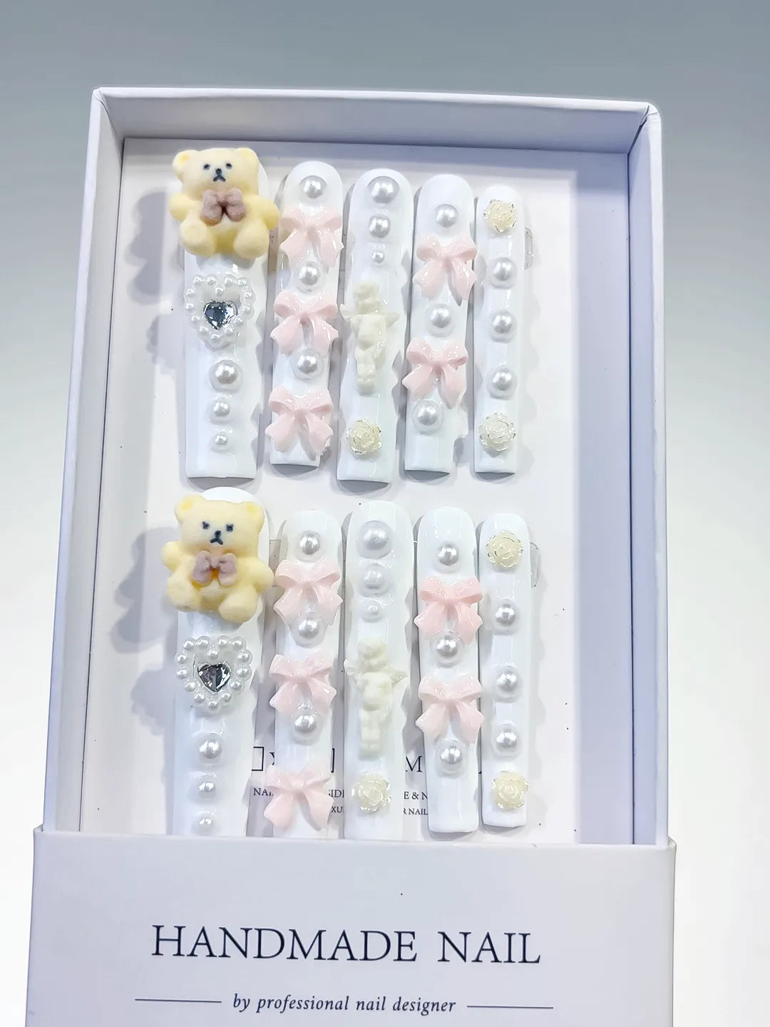 White Pink Yellow Silver Solid color Bear Bow Flower Heart Pearl 3D press on nails full set view