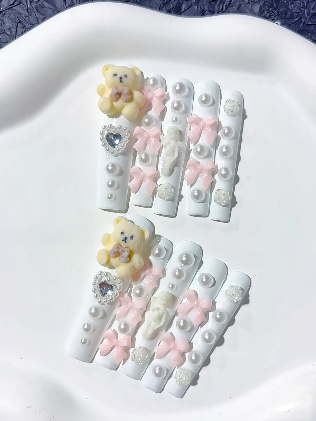 White Pink Yellow Silver Solid color Bear Bow Flower Heart Pearl 3D press on nails detail view