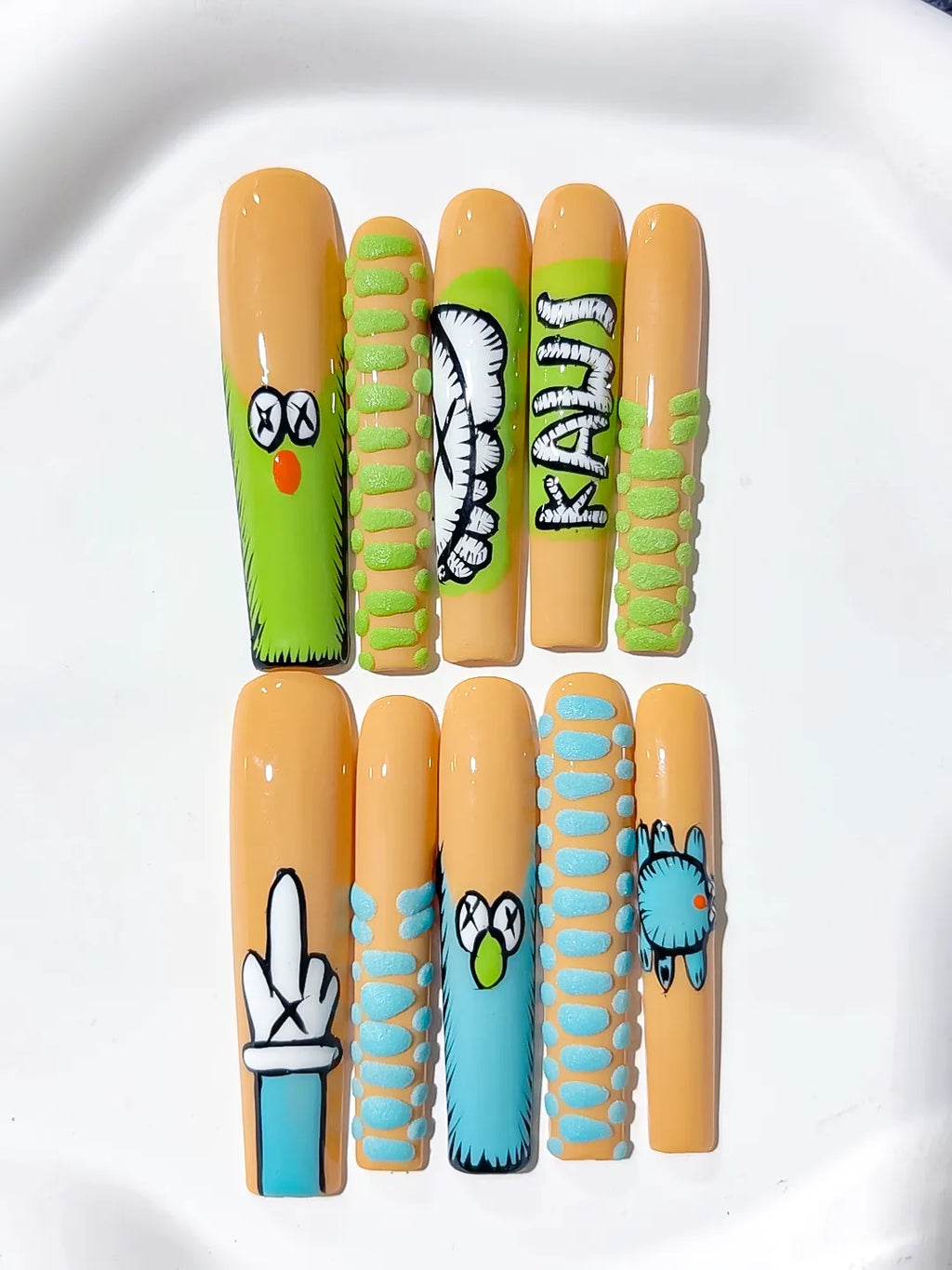 Nude Green Blue Black Abstract Cartoon 3D press on nails detail view
