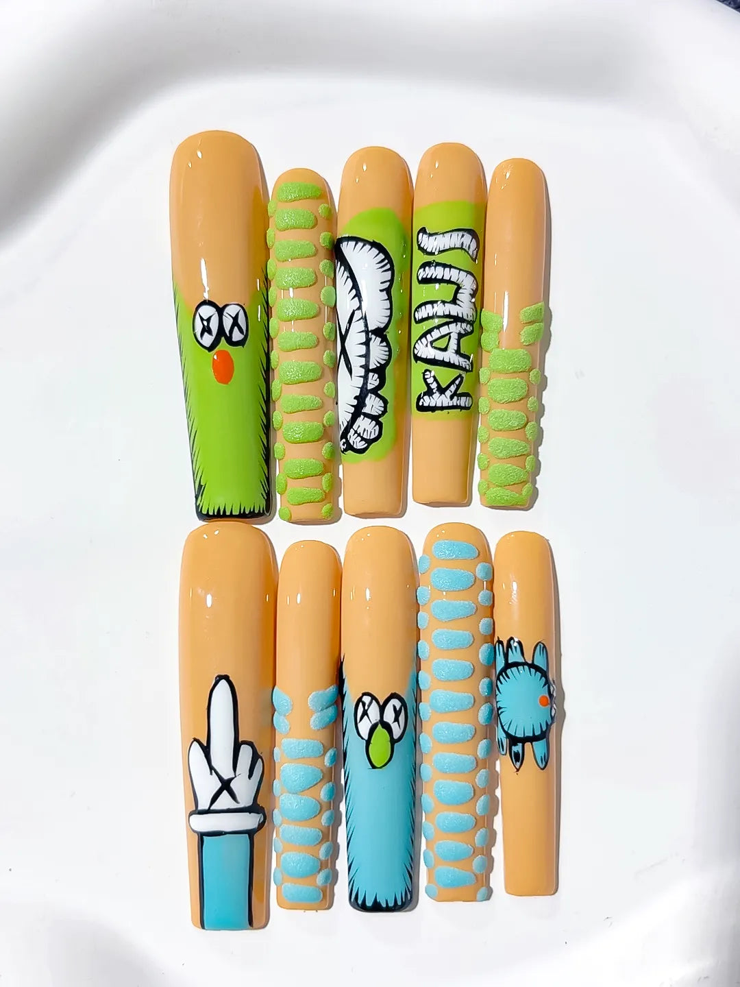 Nude Green Blue Black Abstract Cartoon 3D press on nails detail view