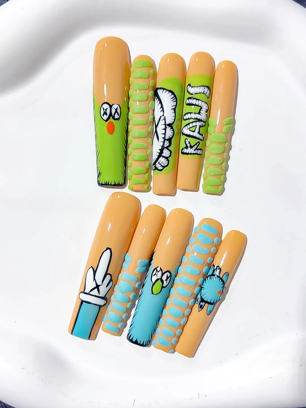 Nude Green Blue Black Abstract Cartoon 3D press on nails close up