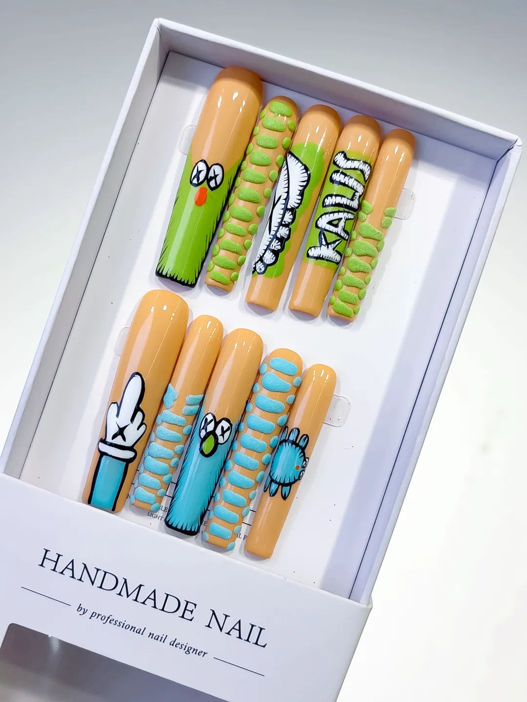 Nude Green Blue Black Abstract Cartoon 3D press on nails