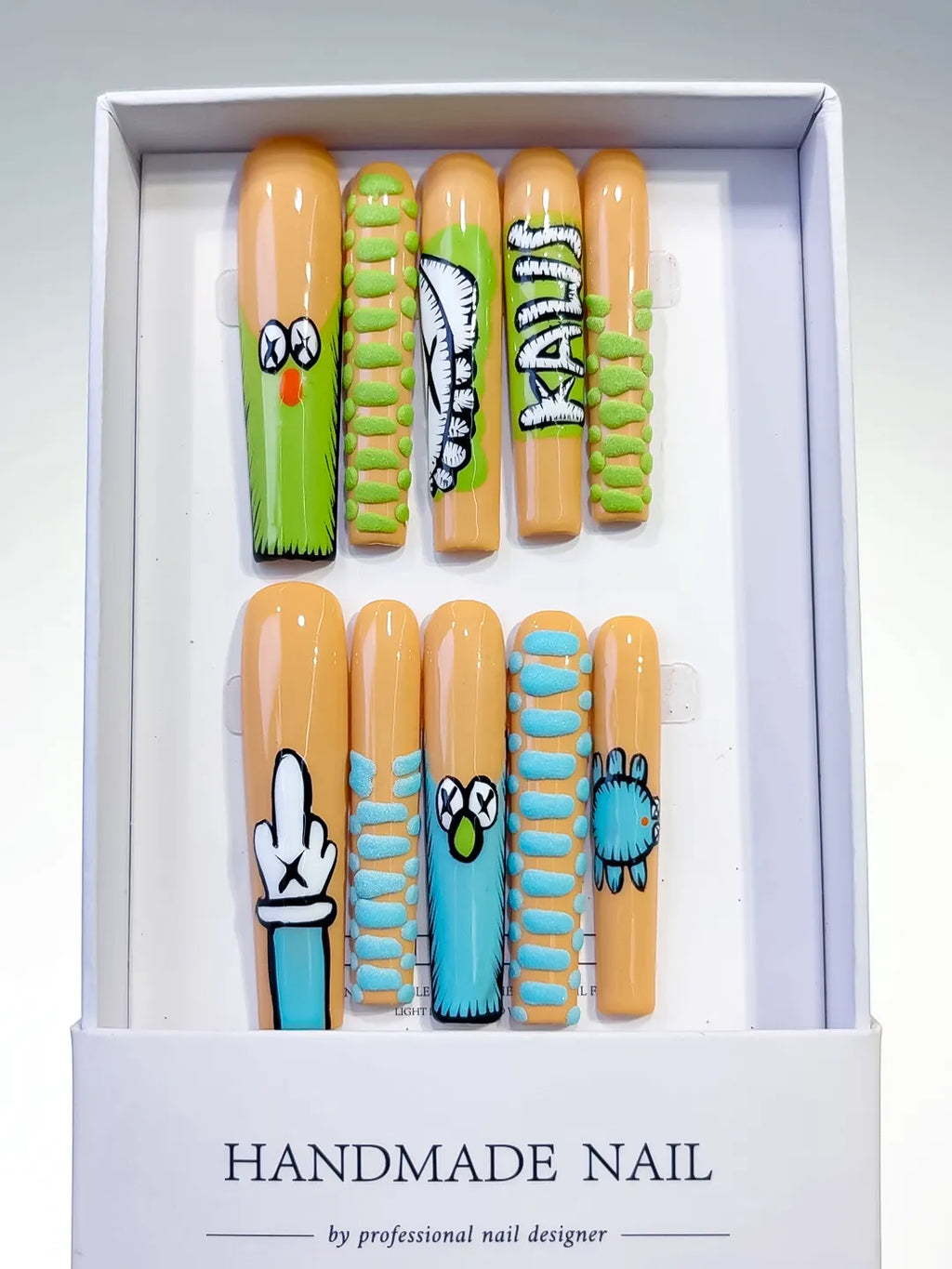 Nude Green Blue Black Abstract Cartoon 3D press on nails full set view