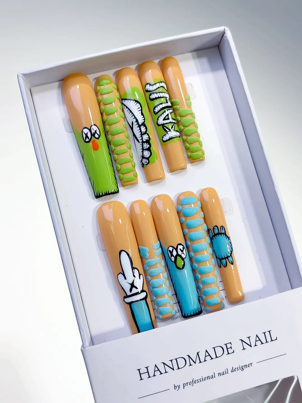 Nude Green Blue Black Abstract Cartoon 3D press on nails angled view