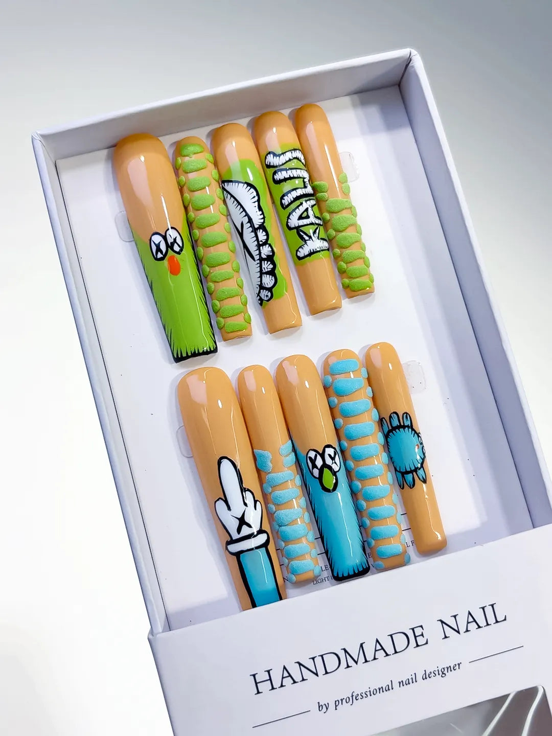 Nude Green Blue Black Abstract Cartoon 3D press on nails angled view