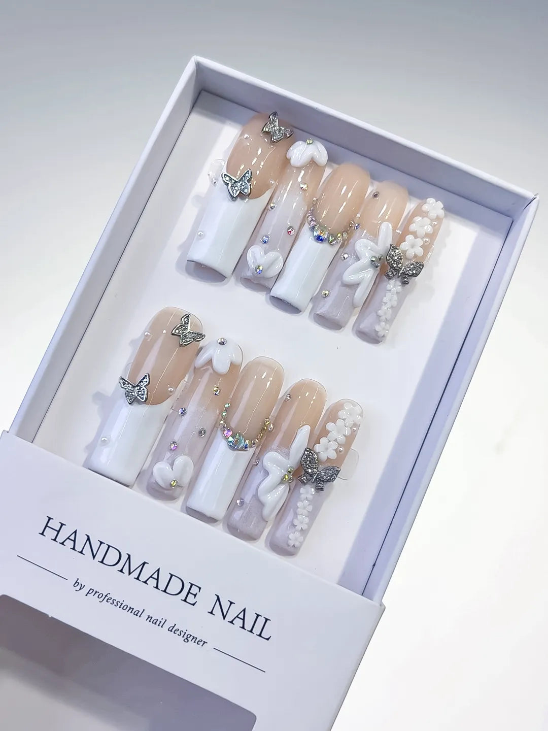 Nude White Silver Gold French tip Bow Pearl Rhinestone press on nails