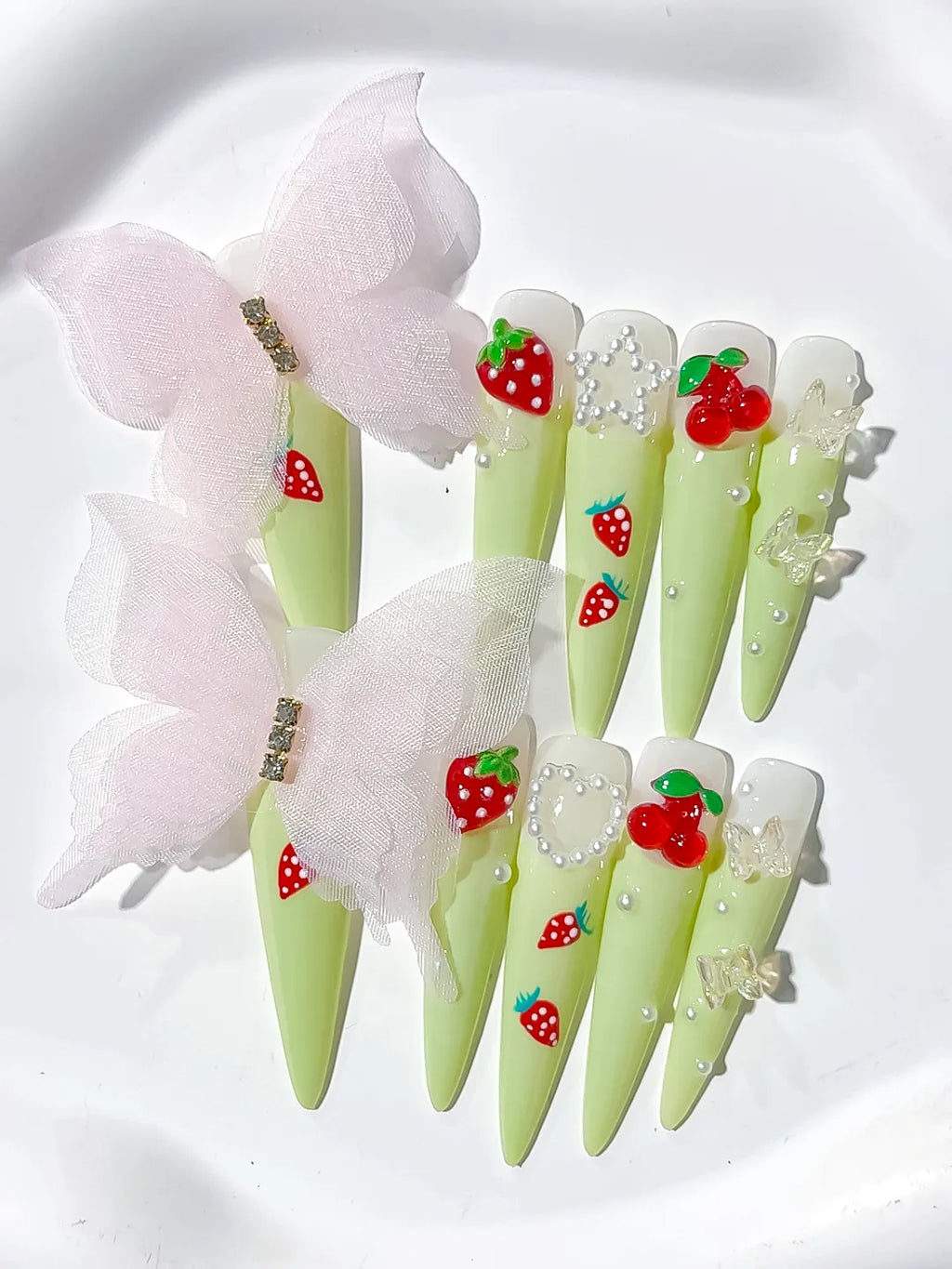 Green Red White Pink Solid color Bow Strawberry Cherry Flower Pearl 3D press on nails detail view