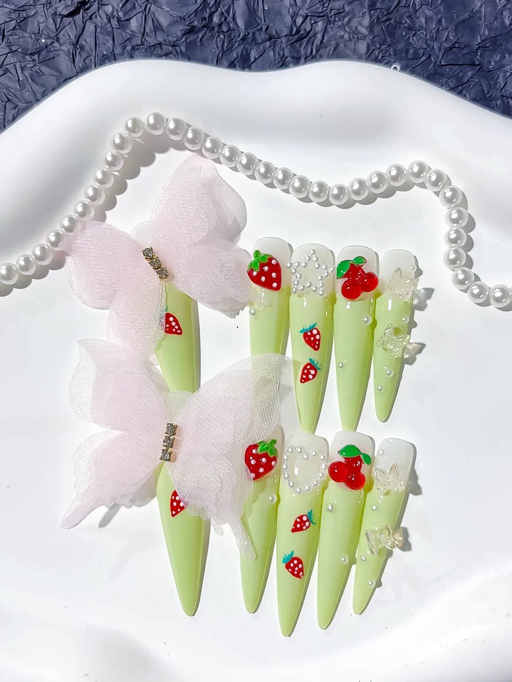 Green Red White Pink Solid color Bow Strawberry Cherry Flower Pearl 3D press on nails detail view