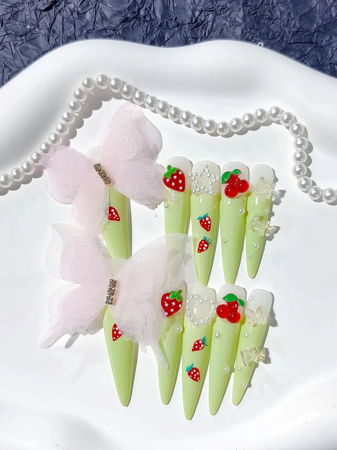Green Red White Pink Solid color Bow Strawberry Cherry Flower Pearl 3D press on nails detail view
