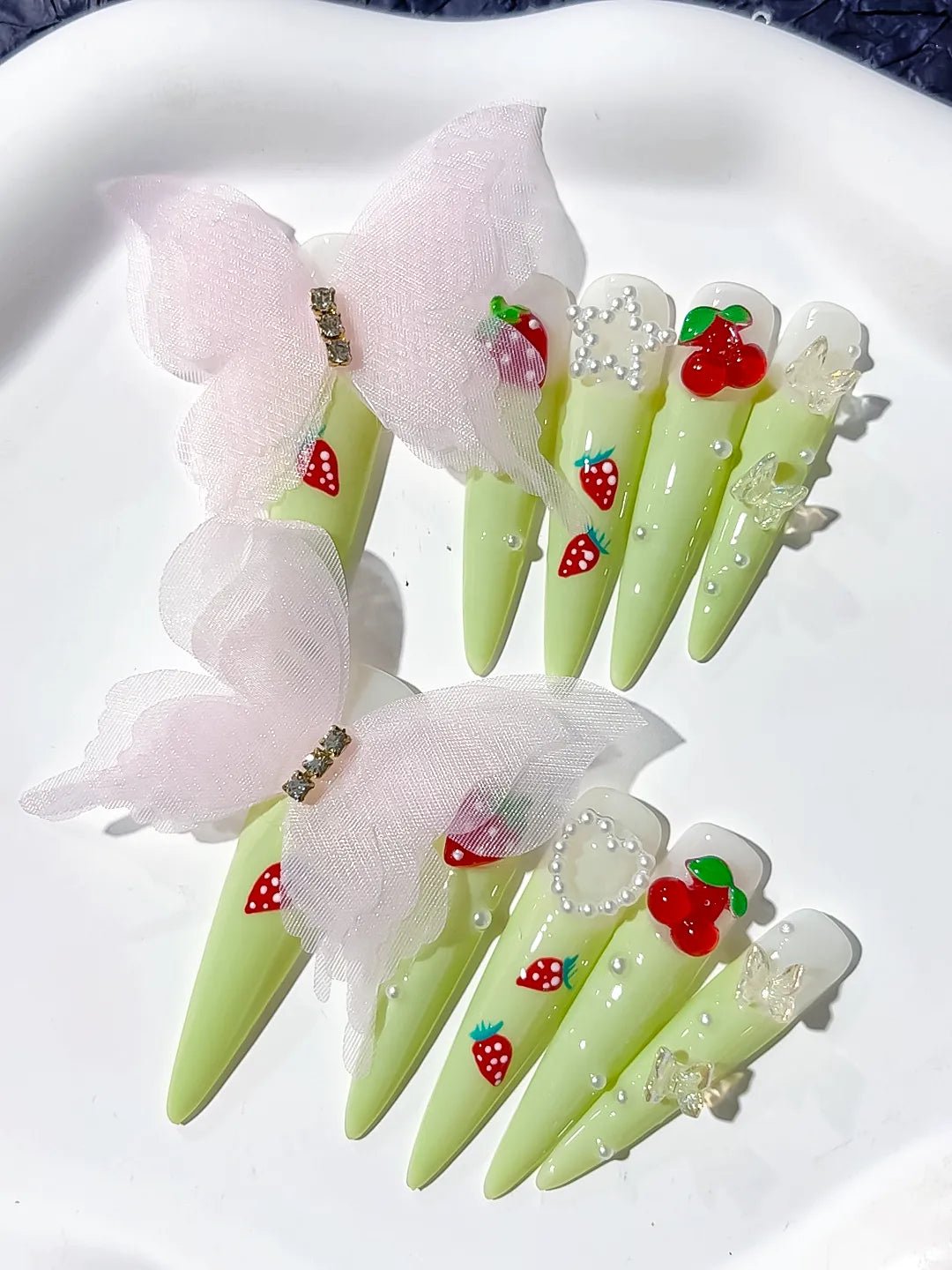 Green Red White Pink Solid color Bow Strawberry Cherry Flower Pearl 3D press on nails detail view