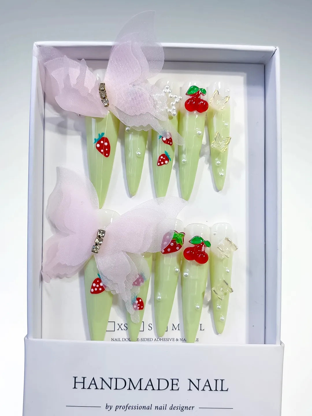 Green Red White Pink Solid color Bow Strawberry Cherry Flower Pearl 3D press on nails full set view