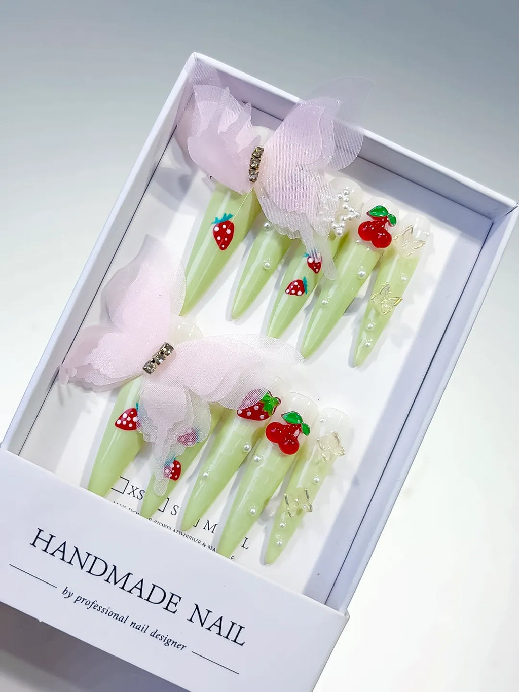 Green Red White Pink Solid color Bow Strawberry Cherry Flower Pearl 3D press on nails