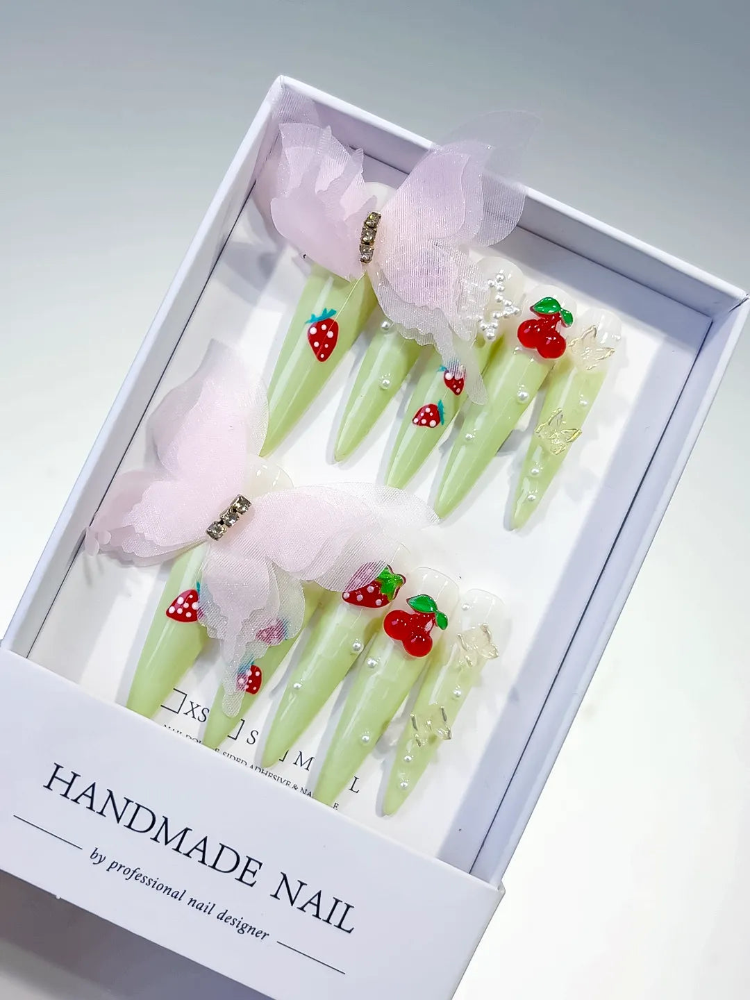 Green Red White Pink Solid color Bow Strawberry Cherry Flower Pearl 3D press on nails