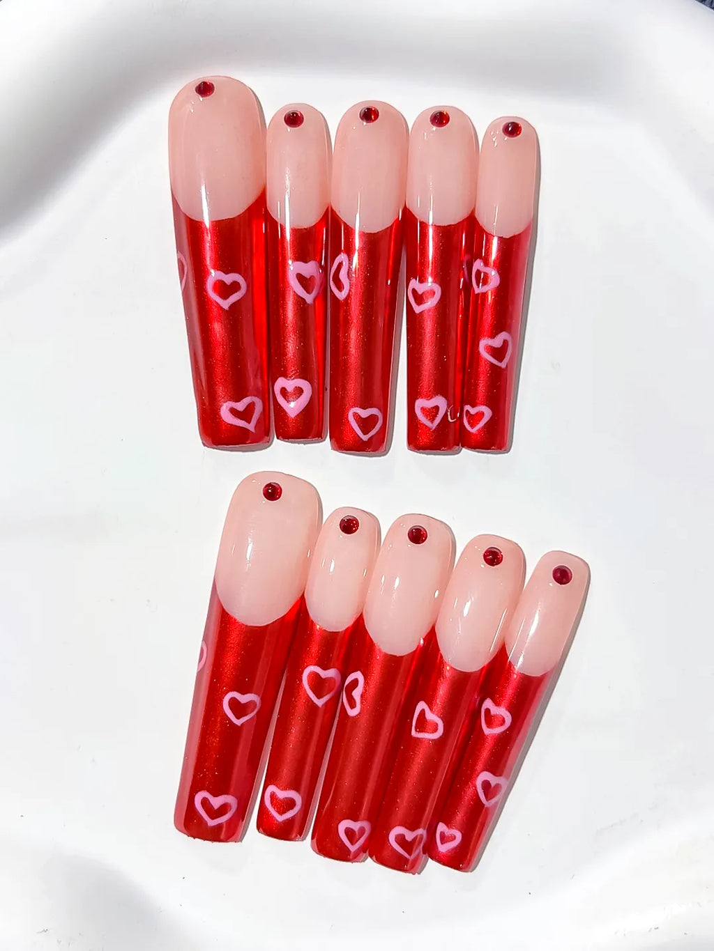 Nude Red Silver Solid color Rhinestone press on nails close up