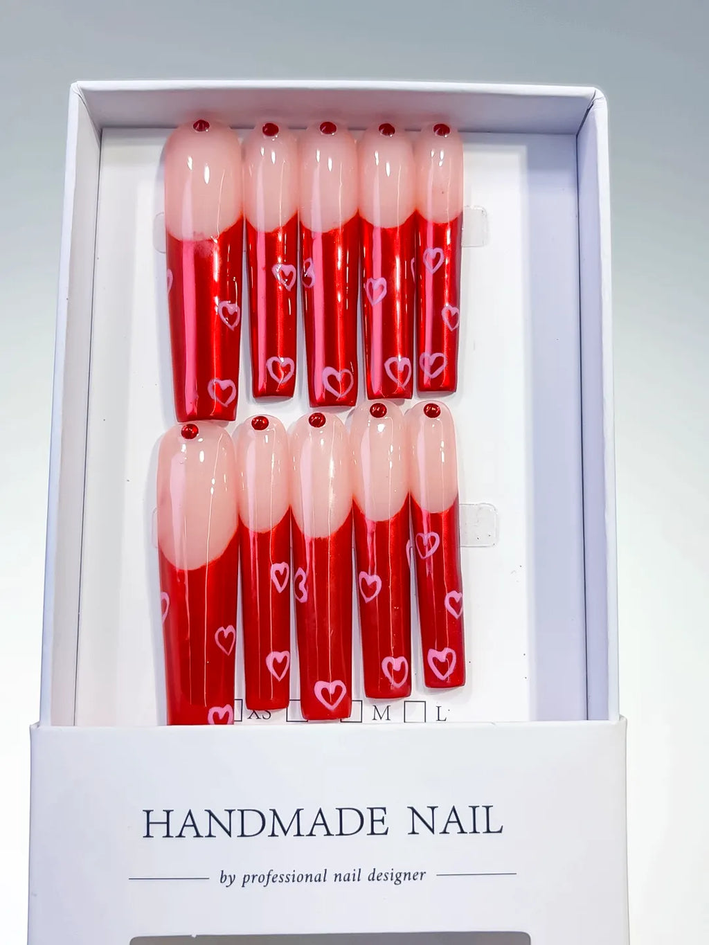 Nude Red Silver Solid color Rhinestone press on nails full set view