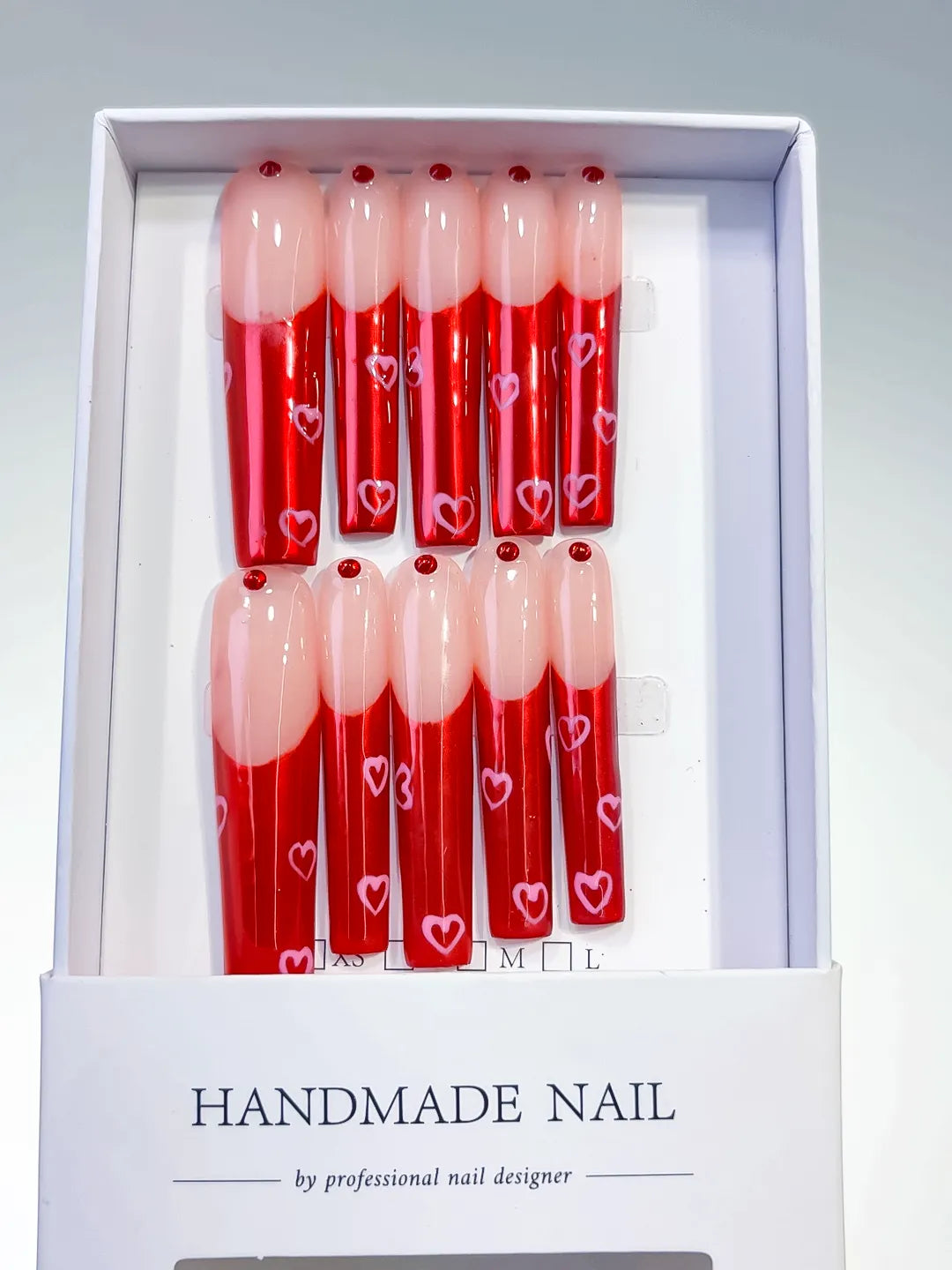 Nude Red Silver Solid color Rhinestone press on nails full set view