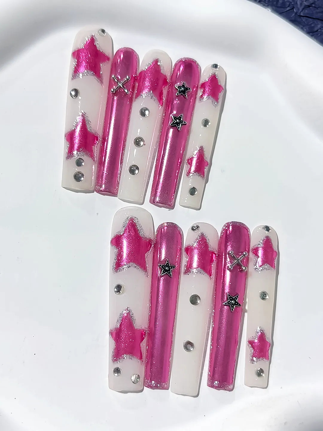 Pink White Silver Metallic Star Rhinestone 3D press on nails close up
