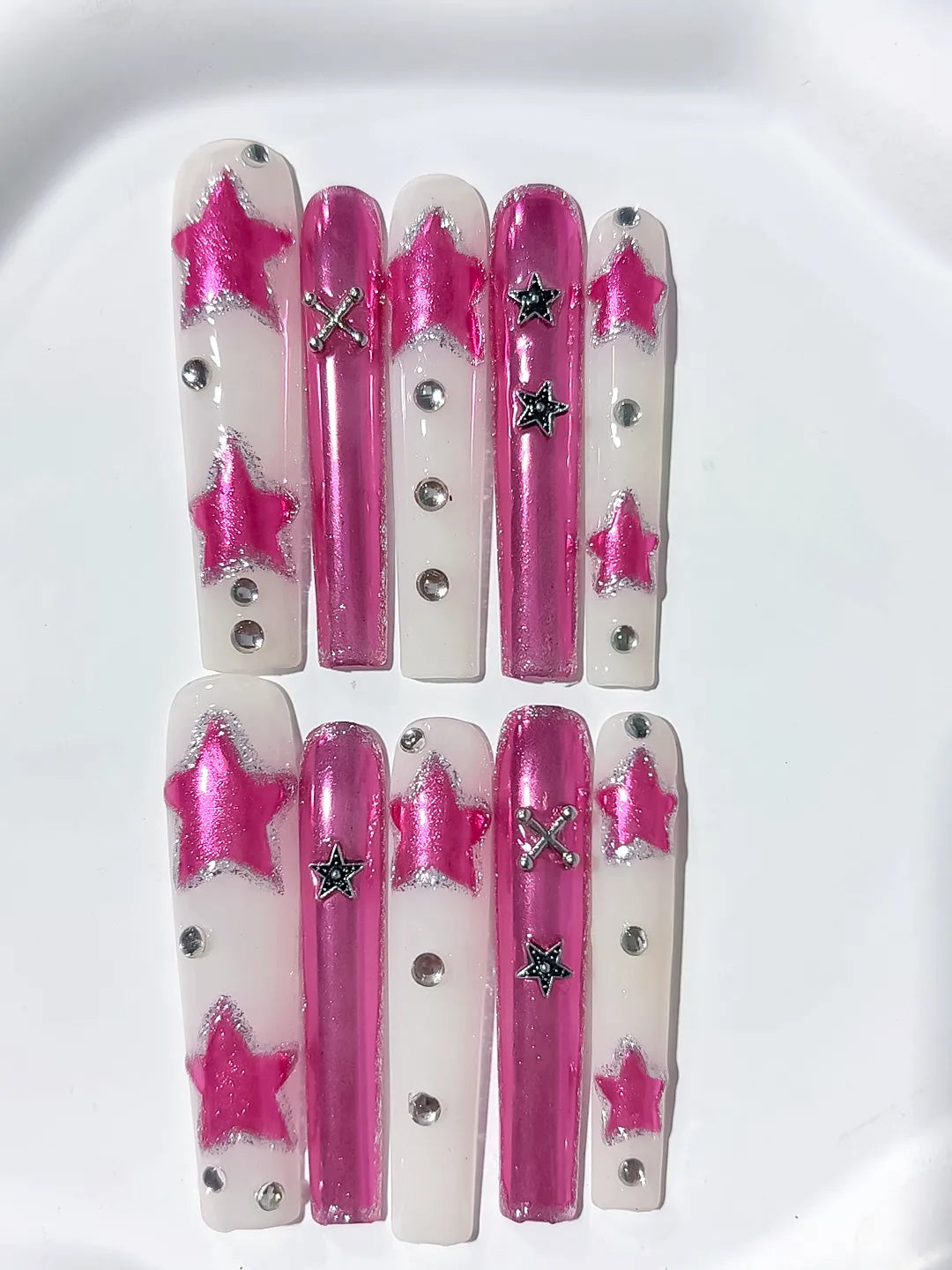 Pink White Silver Metallic Star Rhinestone 3D press on nails detail view